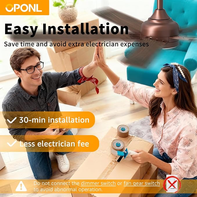 OPONL Ceiling Fan with Light, Ceiling fan with Light and Remote Control, Reversible, 6CCT, Dimmable, Noiseless, Ceiling Fan for Bedroom, Indoor/Outdoor Use, Brown, 52 inch, Modern