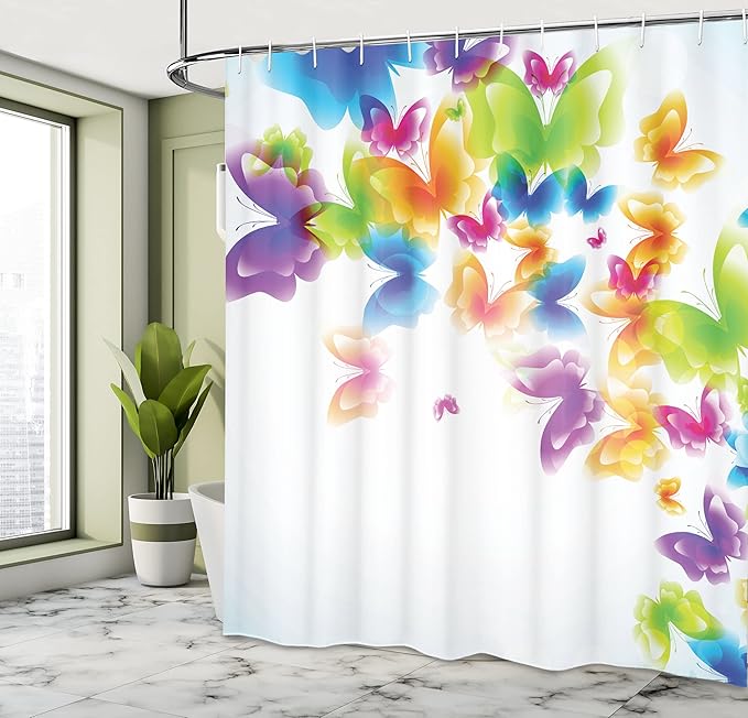 Ambesonne Butterfly Shower Curtain, Colorful Design Group of Insects Band in Radiant Rainbow Colors Hope Summer Garden Print, Cloth Fabric Bathroom Decor Set with Hooks, 69" W x 84" L, Green Yellow
