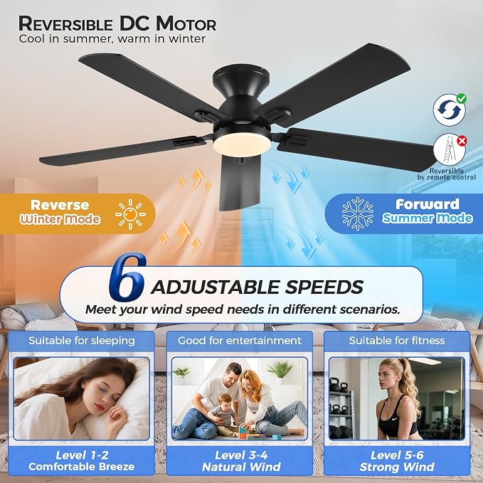 Ayaoty Ceiling Fan with Light - 52" Black Flush Mount Fandliers | 3CCT Dimmable, Reversible, Low Profile Fan Light for Indoor Modern Bedroom, Kitchen