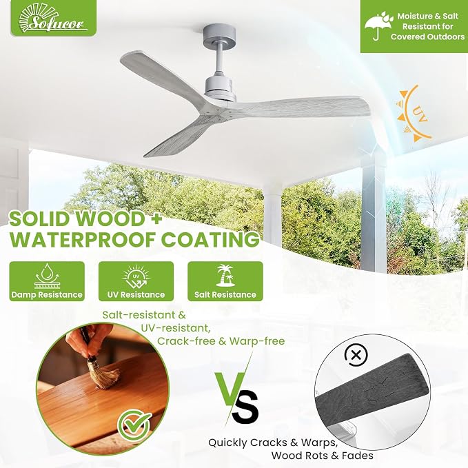 Sofucor 52 Inch Ceiling Fan No Light - Modern Solid Wood Ceiling Fan with Remote, 5000CFM High Airflow, Quiet DC Motor, 6 Speeds, Timer & Reversible for Bedroom Living Room, ETL, Grey