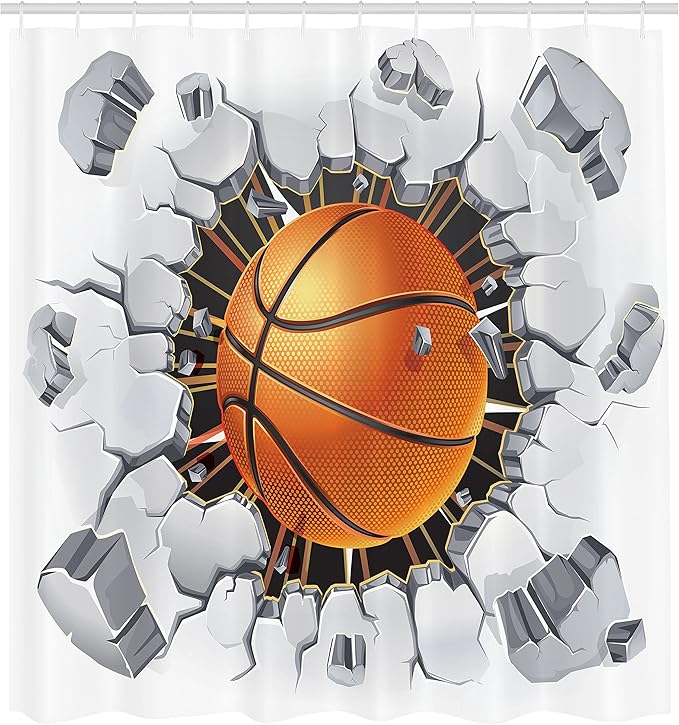 Ambesonne Sports Shower Curtain, Basketball and Old Plaster Concrete Wall Damage Breaking Sports League, Cloth Fabric Bathroom Decor Set with Hooks, 69" W x 84" L, Pale Grey Black Orange