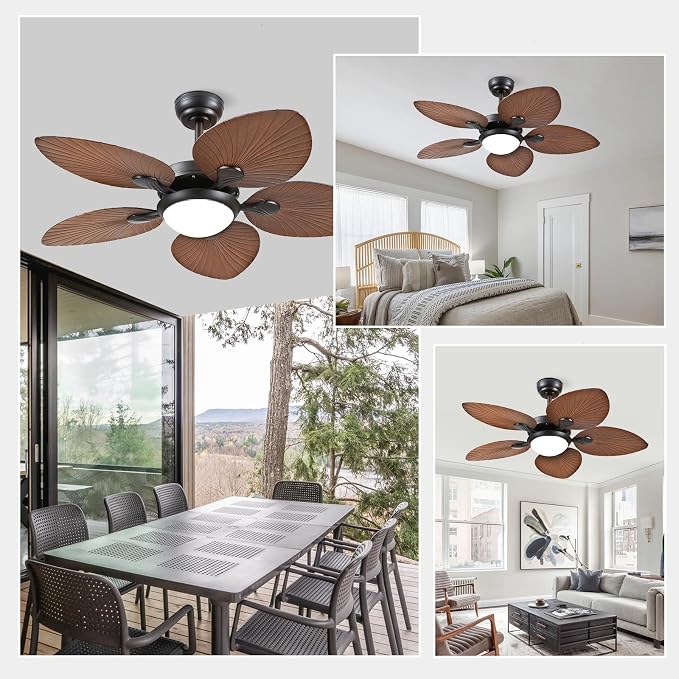 Wiviniya Tropical Ceiling Fans with Lights, 44 Inch Palm Leaf Outdoor Ceiling Fan with Light for Patios Porch Bedroom, Remote/APP Control, Reversible Quiet DC Motor, Dimmable LED, Brown