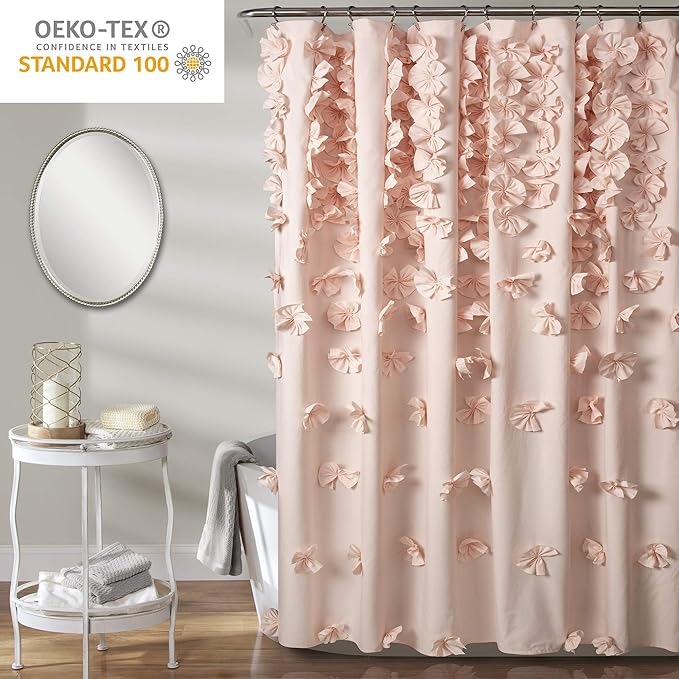 Lush Decor Riley Shower Curtain, 72" W x 72" L, Blush - Bathroom Curtain - Coquette Decor - Bow Shower Curtains - Cottage Core - Fabric Shower Curtains