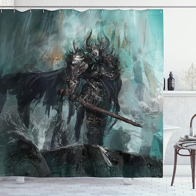 Ambesonne Fantasy World Shower Curtain, Knight of The Dead Dark Immortal Grunge Watercolor Design, Cloth Fabric Bathroom Decor Set with Hooks, 69" W x 70" L, Turquoise Black Brown