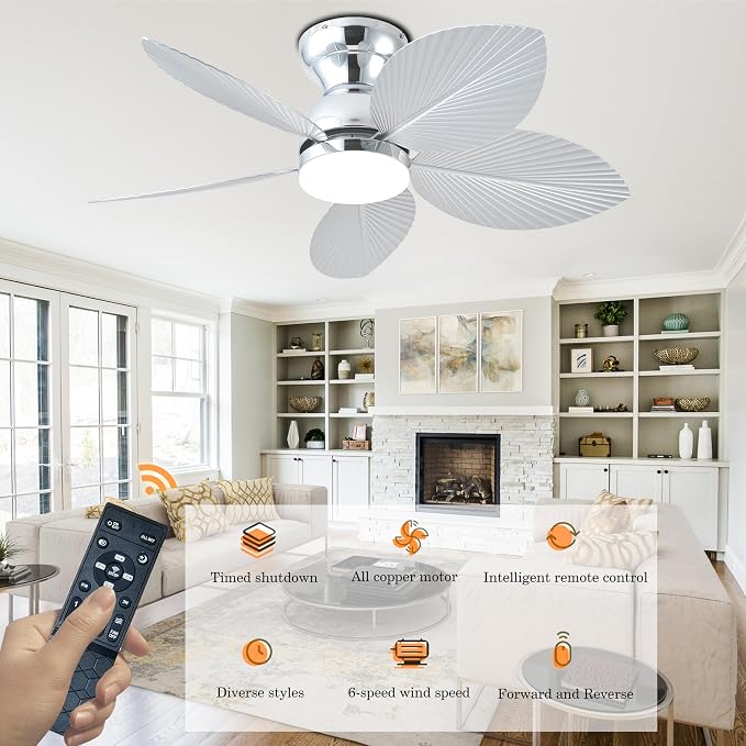 GJeg Tropical Ceiling Fans with Light, 38-inch Flush Mount Palm Leaf Ceiling Fans for Bedrooms, Indoors and Outdoors, Remote Control/APP Control, 6-Speed, Dimmable, Reversible,Chrome