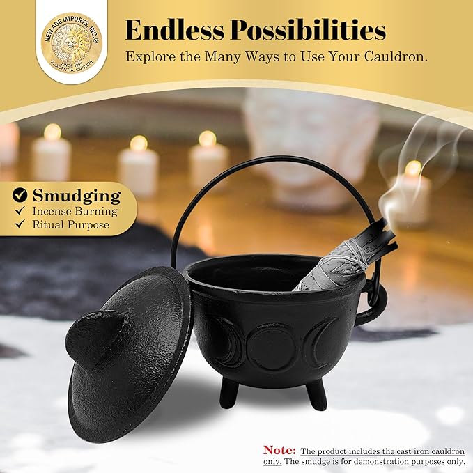 New Age Imports, Inc. Triple Moon Cast Iron Cauldron w/Handle & lid, Ideal for smudging, Incense Burning, Ritual Purpose, Decoration, Halloween Decoration, Candle Holder, etc. (Triple Moon - BR91)