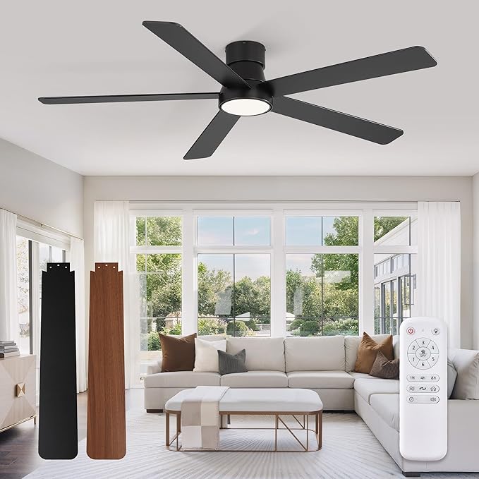 Fanbulous 60 Inch Ceiling Fans with Lights and Remote,Outdoor Indoor Modern Flush Mount Ceiling Fan with 3CCT 6-Speed Quiet DC Motor,Black Small Low Profile Ceiling Fan for Bedroom Living Room Office