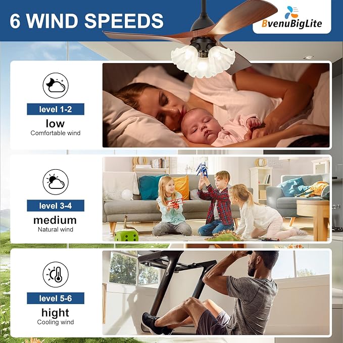 Ceiling Fans with Lights and Remote: 42-Inch Ceiling Fan 3 Blades Flower Low Profile Outdoor - Walnut Ceiling Fans with Remote Control Quiet Reversible DC Motor for Living Room