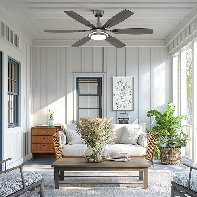 Fanbliss 60 Inch Grey Large Ceiling Fans with Lights and Remote Control for Living Room, Modern Ceiling Fan with Quiet Reversible DC Motor, Ceiling Fan Lights for Garage, Patio, Indoor and Outdoor