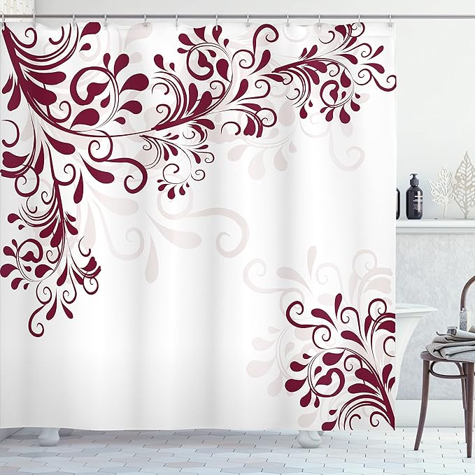 Ambesonne Oriental Shower Curtain, Floral Ivy Swirls and Leaves Abstract Modern Frame Like Artwork Image, Cloth Fabric Bathroom Decor Set with Hooks, 69" W x 70" L, Maroon Eggshell