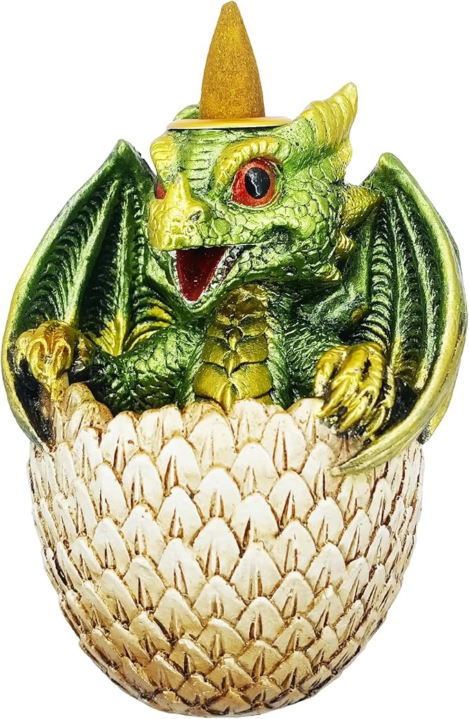 Fantasy Gifts Green Dragon in Egg Backflow Incense Burner 3.5 x 3 x 4.25 Inch | Hand Painted Cold Cast Resin Fountain | Mystical Home Décor & Aromatherapy Gift for Meditation and Relaxation