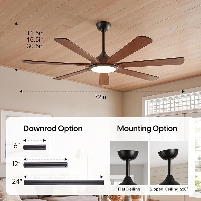 72 inch Solid Wood Smart Ceiling Fan with Lights, Alexa Voice Control,Modern Rustic Farmhouse Outdoor 7-Blade Ceiling Fan for Large Room Patio Gazebo, Damp Rated high air volume, DC motor
