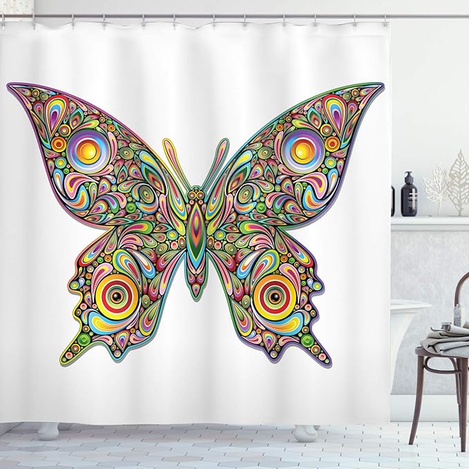 Ambesonne Butterflies Shower Curtain, Butterfly Psychedelic Design Spirals Wildlife Eyes Pattern, Cloth Fabric Bathroom Decor Set with Hooks, 69" W x 70" L, Green Pink