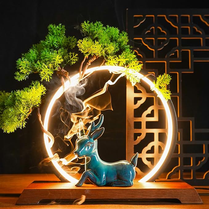 Backflow Incense Holder with LED Light Ring Ceramic Backflow Incense Burner with 20 Incense Cones LED Incense Burner for Home Office Decor Yoga Aromatcherapy