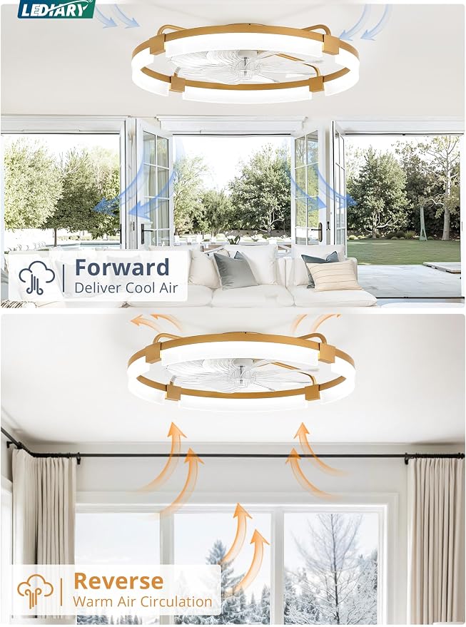 LEDIARY 24" Ceiling Fans with Lights and Remote, Modern Low Profile Ceiling Fan, 3 CCT, Stepless Dimmable, Fandelier Flush Mount Fan Light, 6 Speeds, DC Motor, App & Remote Control for Bedroom(Gold)