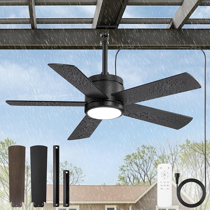 Fanbulous 42" Outdoor Ceiling Fan with Light and Remote, IP65 Waterproof, Plug-in Design with 10FT Cord, 6-Speeds, 3CCT, Hook Hanging Fan for Gazebo Patio Porch Garage Canopy(Black)