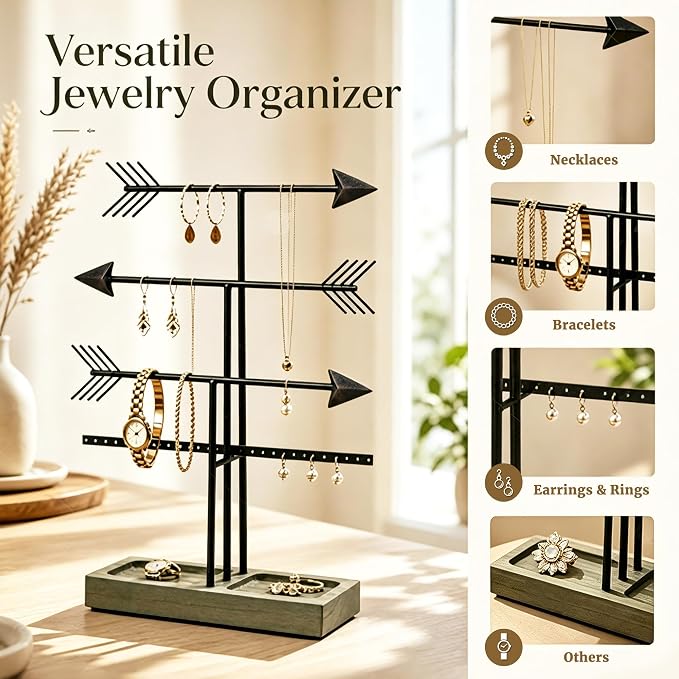 Urban Deco Arrow Jewelry Organizer Stand 4-Tier Black Jewelry Stand Necklace Organizer With Wooden Ring Holder For Jewelry Display Bracelet Holder Stand Earring Organizer For Girls - Black