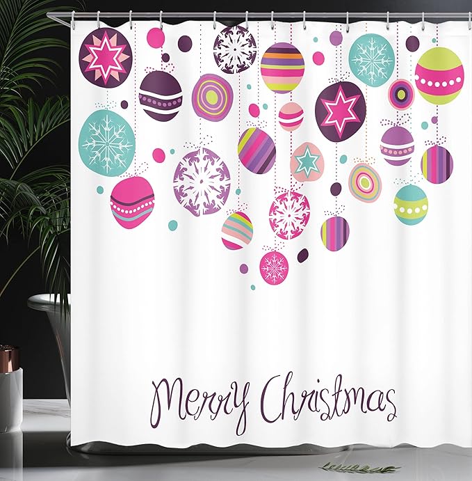Ambesonne Christmas Shower Curtain, Colorful Graphic Baubles with Retro Snowflake Ornaments Celebration Hand Writing, Cloth Fabric Bathroom Decor Set with Hooks, 69" W x 70" L, Pastel Magenta