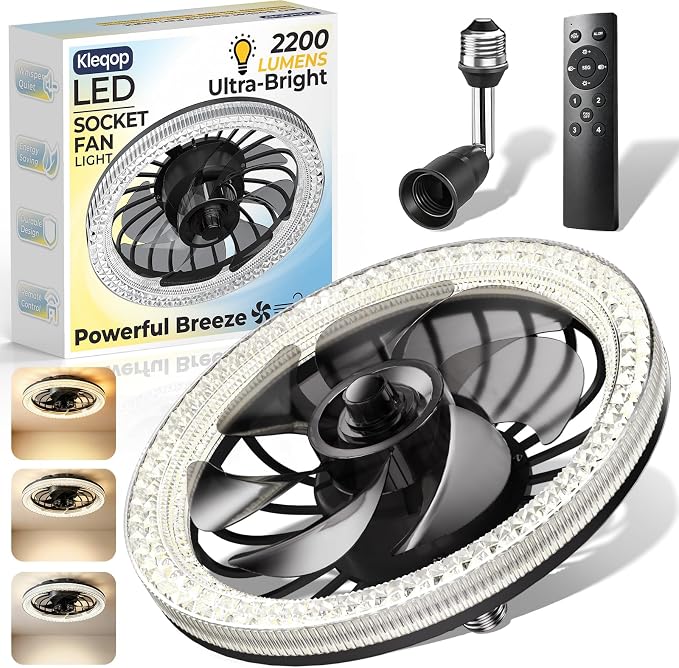 Low Profile Socket Fan Light with Remote and Extender, 2200LM LED Light Bulb Fan, Small Screw in Ceiling Fan with Light, Dimmable Mini Lightbulb Fan Combo for Bedroom, Bathroom, Kitchen, Apartment