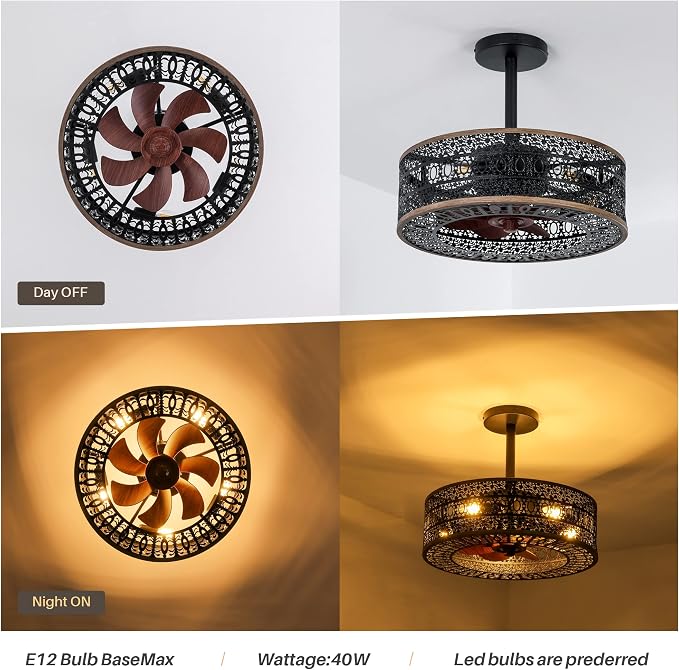 Industrial Caged Ceiling Fans with Lights, Small Black Ceiling Fan with Light And Remote, Farmhouse Ceiling Fan Light for Living Room, Bedroom, Kitchen