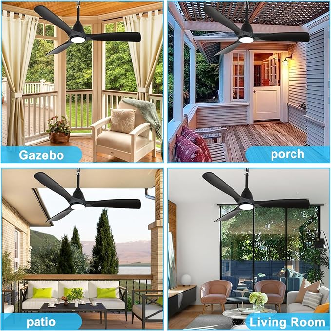 Depuley Outdoor Ceiling Fan with Lights: 42" Black Gazebo Fans Outdoor Hanging with Remote APP Control - Plug in Waterproof Fans with Light for Patio Porch Reversible Black Blades 3CCT 6 Speeds Timer