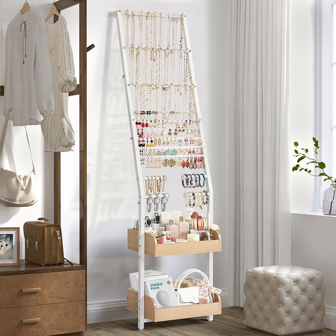 Jewelry Holder Organizer, Large Jewelry Organizer Wall with Earring Organizer Necklace Holder Bracelet Holder, Jewelry Organizer Stand Jewelry Display for Earrings Rings Necklaces Bracelet Watch White