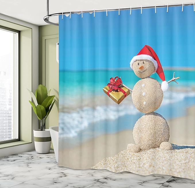 Ambesonne Christmas Shower Curtain, Sand Snowman with Santa Hat and Present Tropical Beach Australian Noel, Cloth Fabric Bathroom Decor Set with Hooks, 69" W x 70" L, Blue and Vermilion
