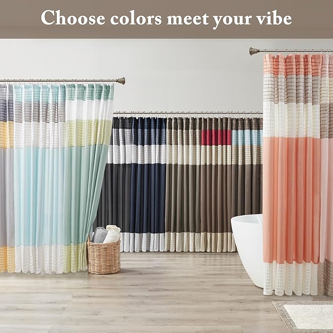 Madison Park Amherst Bathroom Shower Curtain Faux Silk Pieced Striped Modern Microfiber Bath Curtains, 72x72 Inches, Natural