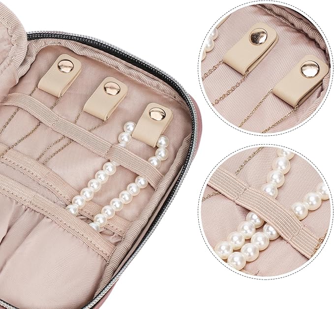 NISHEL Travel Jewelry Case Organizer, Tangle-Free Necklace Storage Bag | Stores rings, earrings, bracelets and watches in a compact case for travel and daily use, Rosewood-Pink, Small