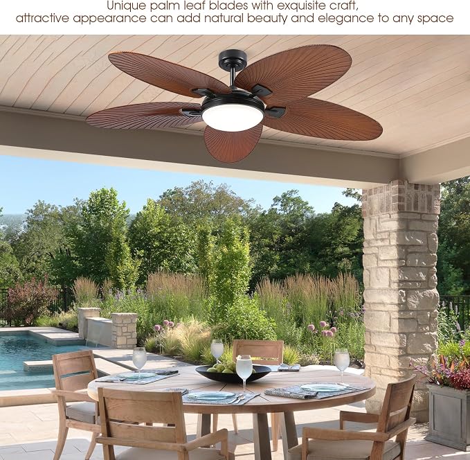 62" Large Brown Tropical Style Palm Leaf Ceiling Fans with Lights & Remote | Super Large Airflow with 6 Wind Speeds,Reversible,3 LED Light Colors,50W Quiet DC Motor,4H Timer,Suits for Living Room Patio