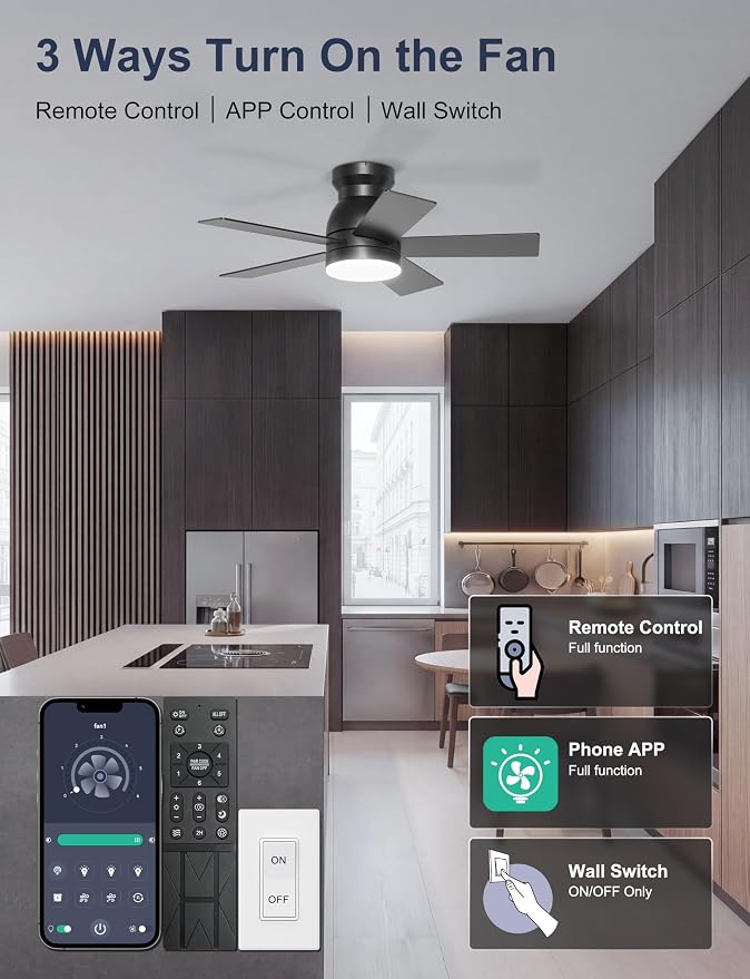 32'' Black Flush Mount Ceiling Fan with Light for Hallway, Closet | Quiet DC Motor, Low Profile, 3CCT Dimmable, Modern Small Room Ceiling Fan with App/Remote Control