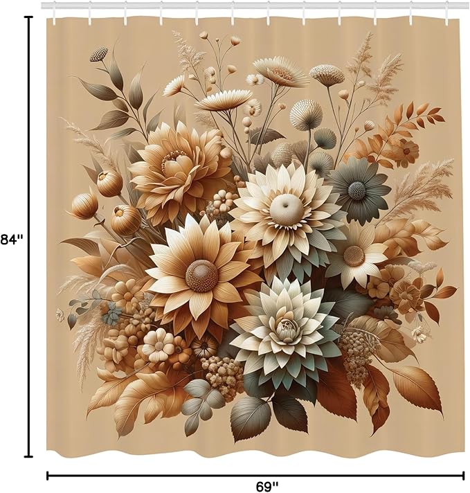 Ambesonne Tan Shower Curtain, Modern Autumn Tones Blooming Peony Flower Huddle with Leaves Earthy Romance, Cloth Fabric Bathroom Decor Set with Hooks, 69" W x 84" L, Almond Dark Sea Green
