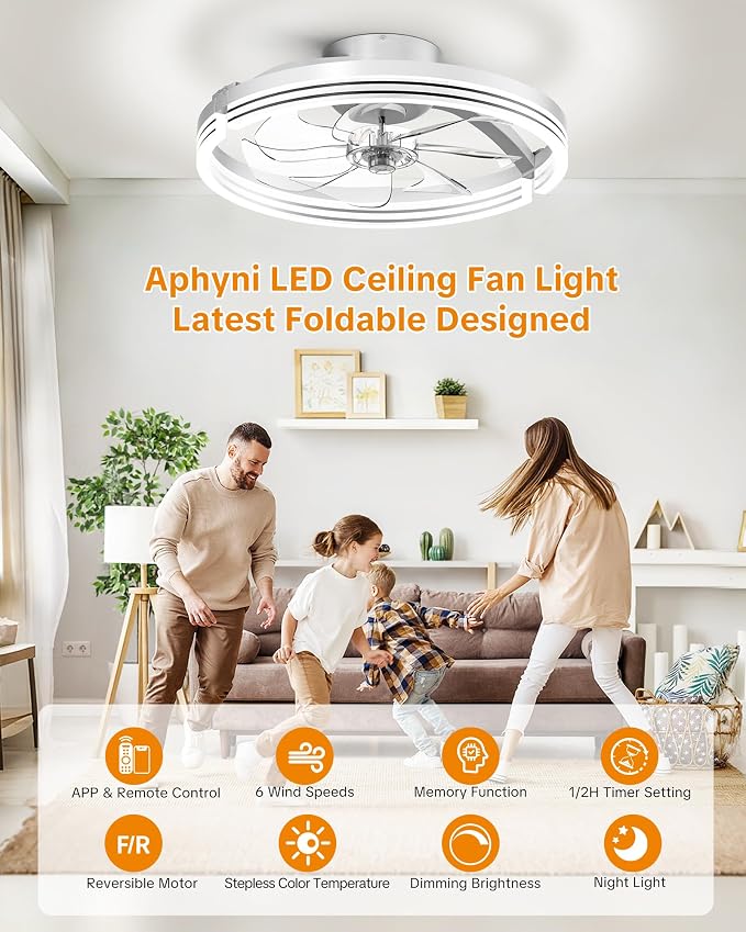 Ceiling Fans with Lights and Remote, Low Profile Ceiling Fan, Morden Flush Mount LED Fan Light, 3000K-6500K Dimmable for Bedroom, Kitchen, Living Room, Striped, White