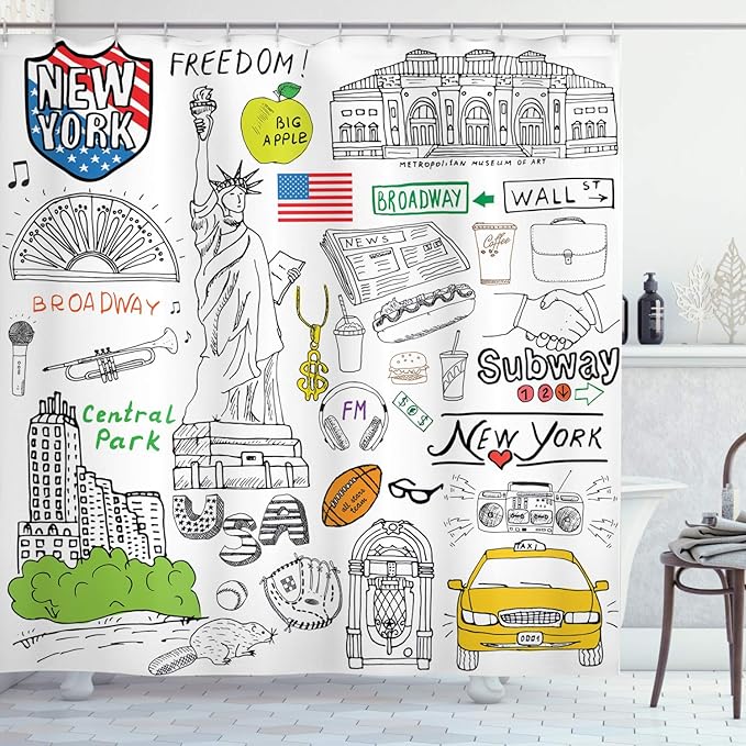 Ambesonne American Shower Curtain, New York City Culture Metropolitan Museum Broadway Crossroad Wall Street Sketch Style, Cloth Fabric Bathroom Decor Set with Hooks, 69" W x 75" L, White and Black