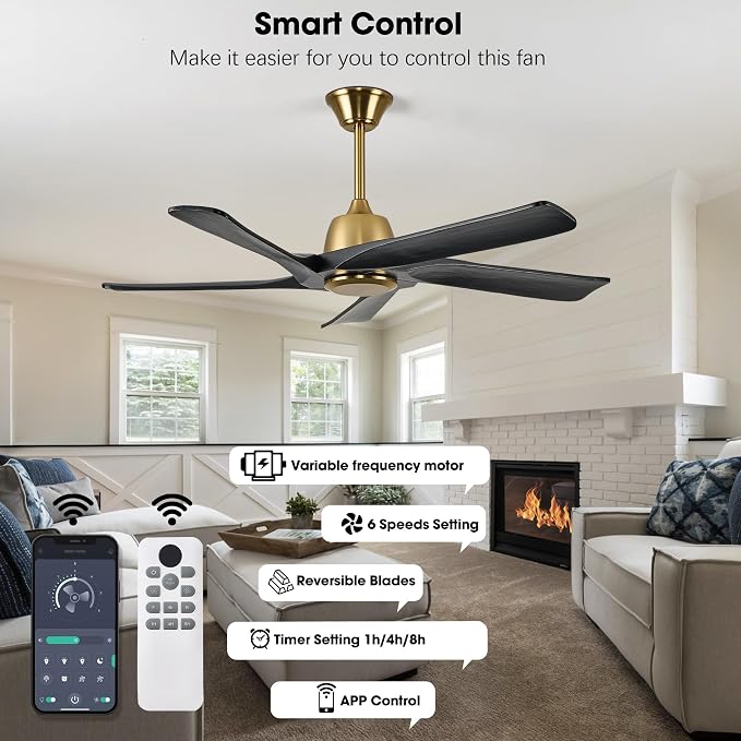 52 Inch Solid Wood Ceiling Fan No Lights, Remote and APP Control, DC Motor, 6-speed Reversible, for Bedroom, Living Room, Office, Black Gold