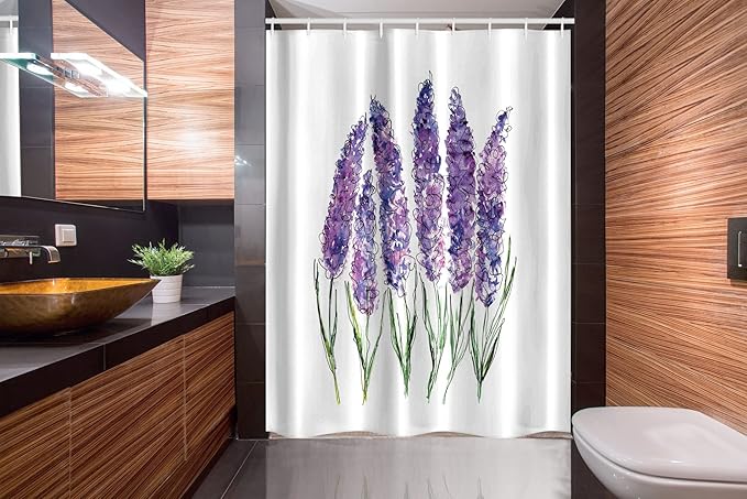 Ambesonne Watercolor Flower Stall Shower Curtain, Illustration of Lavender Flowers Fresh Colors Mint Family Plant, Fabric Bathroom Decor Set with Hooks, 54" W x 78" L, Violet White