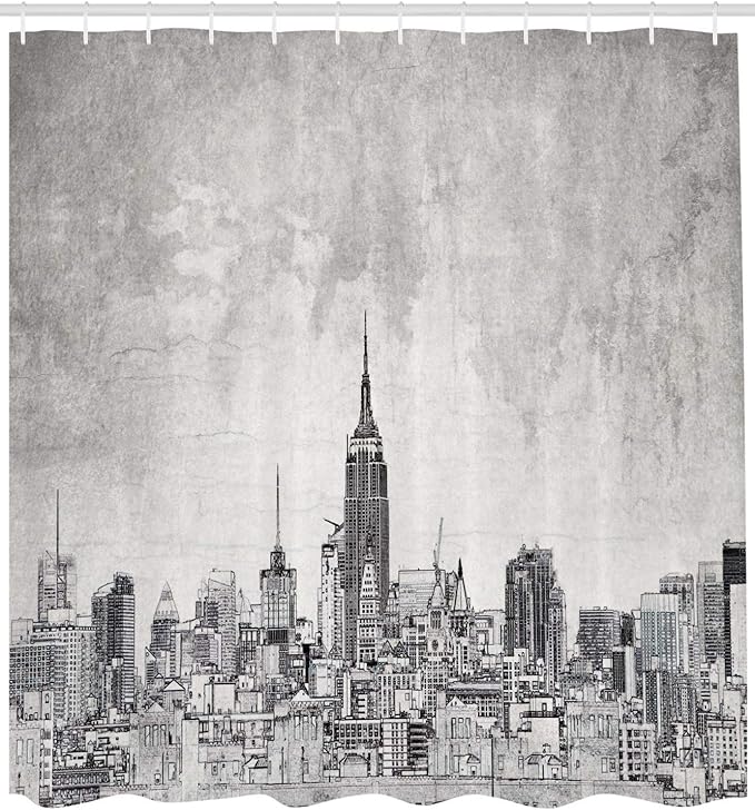 Ambesonne Sketchy Shower Curtain, Cosmopolitan New York City Skyline with Iconic Skyscrapers and High Buildings Art Design, Cloth Fabric Bathroom Decor Set with Hooks, 69" W x 75" L, Grey Charcoal