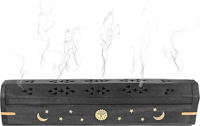 Incense Garden Pack of 2 Incense Stick Holder - Coffin Style - Wood Incense Stick Burner with Sun Moon Star Inlays Handmade with Brass Inlays (Black)