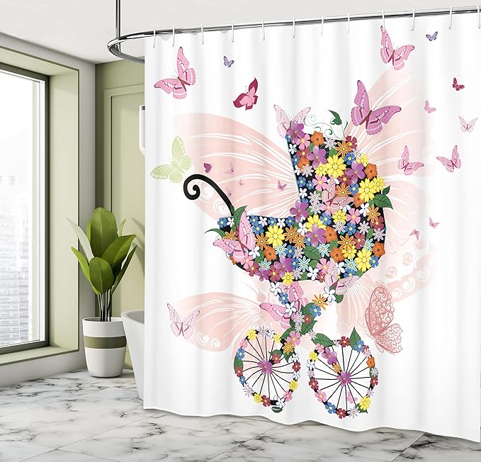 Ambesonne Butterflies Shower Curtain, Stroller of Flowers and Butterflies Carriage Cart Celebration Shower Theme, Cloth Fabric Bathroom Decor Set with Hooks, 69" W x 70" L, Multicolor