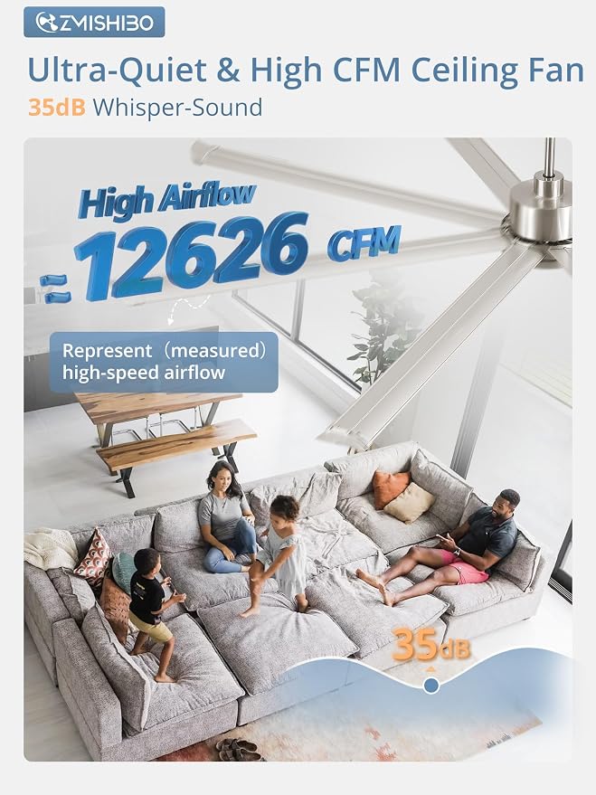 ZMISHIBO 84" Large Industrial Ceiling Fans No light with Aluminum 8 Blades, Commercial Ceiling Fan without Light, Quiet DC Motor, 6 Speeds, Indoor Outdoor Ceiling Fan for Patio, Garage, Shop,Nickel