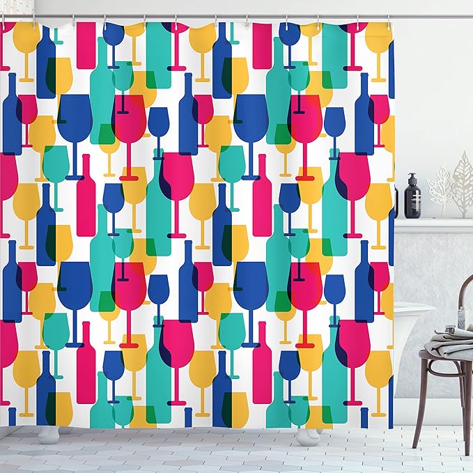 Ambesonne Winery Shower Curtain, Colorful Silhouettes of Cocktail Glasses and Wine Bottles Pattern Bar Party Alcohol Drinks, Cloth Fabric Bathroom Decor Set with Hooks, 69" W x 84" L, Magenta Navy
