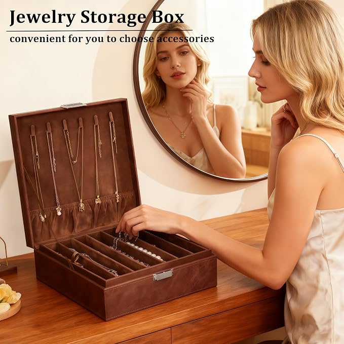 BEWISHOME Jewelry Boxes for Women, 2-Layer Necklace Organizer Box, Modern Style Jewelry Organizers and Storage with Removable Pad, Mothers Day (Brown SSH31Z)