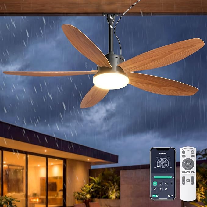 Outdoor Ceiling Fan with Lights, 48 Inch Plug in Gazebo Fans with Remote APP Control, Quiet DC Motor, Dimmable 3CCT, Waterproof Hanging Fans for Covered Patios, Porch, Wood Color
