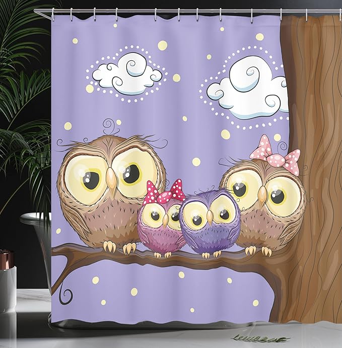 Ambesonne Bird Shower Curtain, Cartoon Style Owl Bird Family Mother Father Daughter Son Sitting on a Branch, Cloth Fabric Bathroom Decor Set with Hooks, 69" W x 70" L, Lavender and Brown