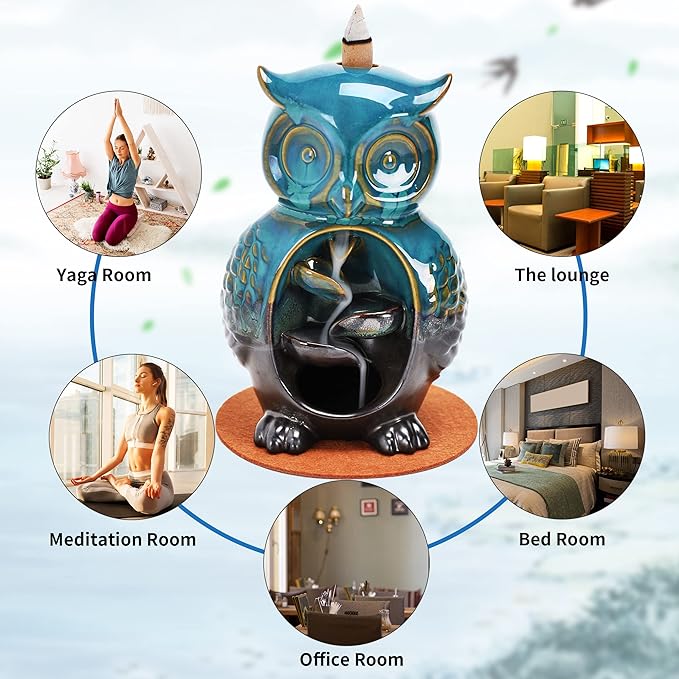 Mountain Waterfall Incense Burner，Backfall Incense Holder River, Incense Falls Meditation Decor for Room with Upgrade Incense Cones and Accessories (OWL)