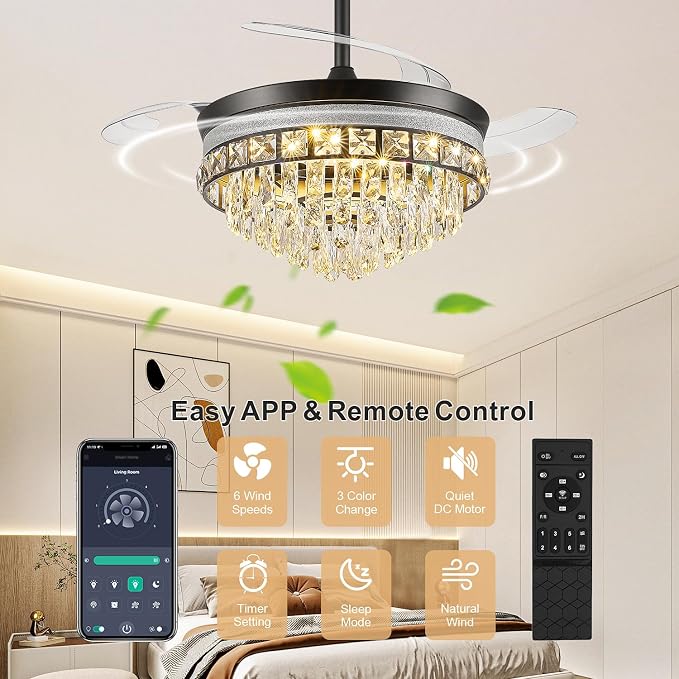 42 Inch Fandelier Ceiling Fan with Light, Chandelier Ceiling Fans with Lights, Crystal Ceiling Fans for Bedroom Living Room, LED Dimmable, 6 Wind Speed,3 Color Temperatures-Black