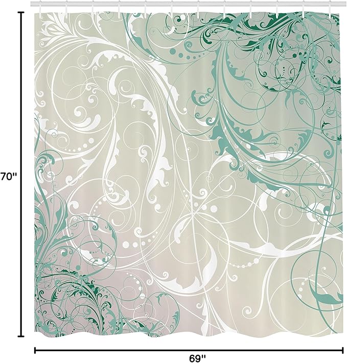 Ambesonne Floral Shower Curtain, Baroque Swirl Branches Curved Flower Leaves Shabby Form Nature Pattern, Cloth Fabric Bathroom Decor Set with Hooks, 69" W x 70" L, Coconut Seafoam
