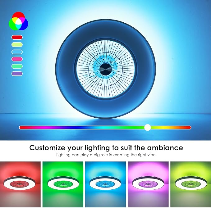 24" Bladeless Ceiling Fans with Lights and Remote/APP/Voice Control, Low Profile Ceiling Fan with RGB Lights, Enclosed Flush Mount Ceiling Fan for Kid's Bedroom/Living Room