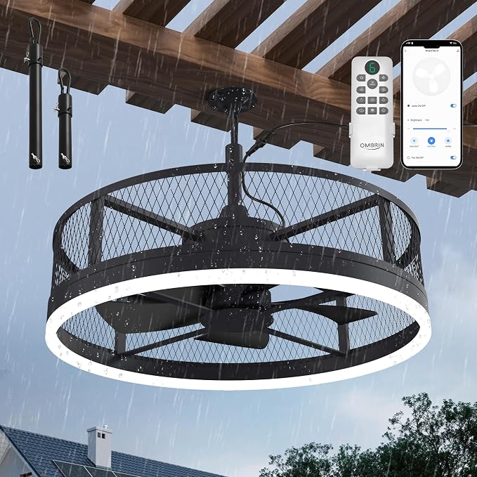 20'' Outdoor Ceiling Fan with Light, IP65 Waterproof Gazebo Hanging Fan, Remote Control, 3CCT, 6-Speed, Plug-in Caged Ceiling Fan for Patio Porch Pergola, Works with Alexa & Google Assistant