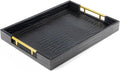 ATZYmolin 17"x12" Leather Serving Tray, Gold Handle Vanity Platter, Black | Rectangle Ottoman Decor Tray, Polished Metal Handles, Coffee Table Bathroom Home Decorative Wood Tray